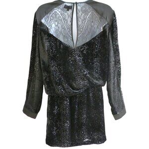 SiLK VeLVeT Hale Bob Black Burnout Mini Dress Lace Up Blouse Elastic Waist M